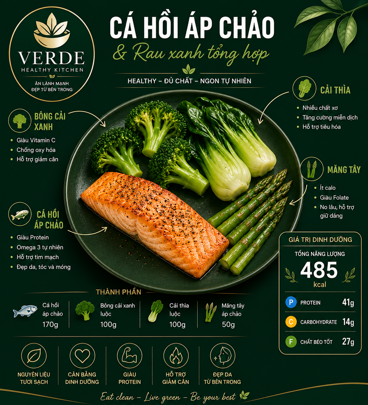 Cá hồi áp chảo cùng rau xanh tổng hợp
