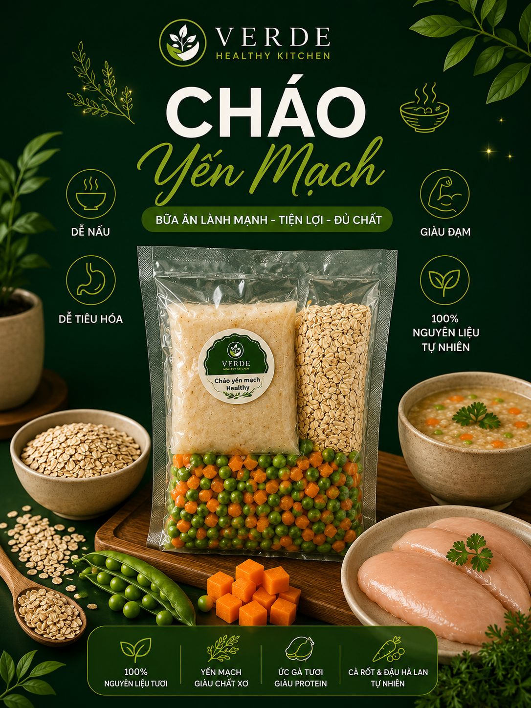 Cháo yến mạch ức gà – cà rốt & đậu Hà Lan